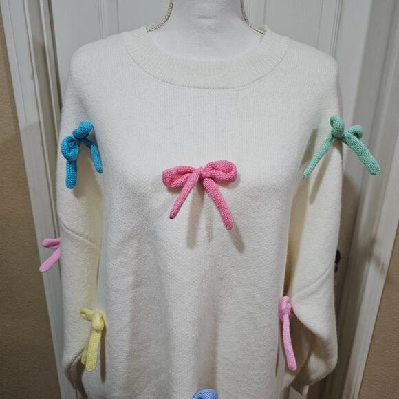 Cider Oversized Cream Bow Sweater Multicolored Applique Size M - Picture 2 of 8